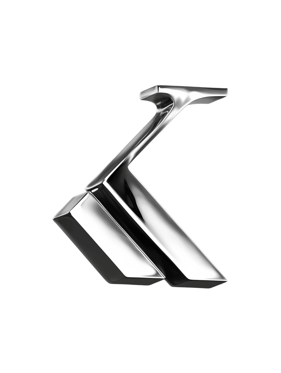 A reflective silver sculptural K mark on a dark background