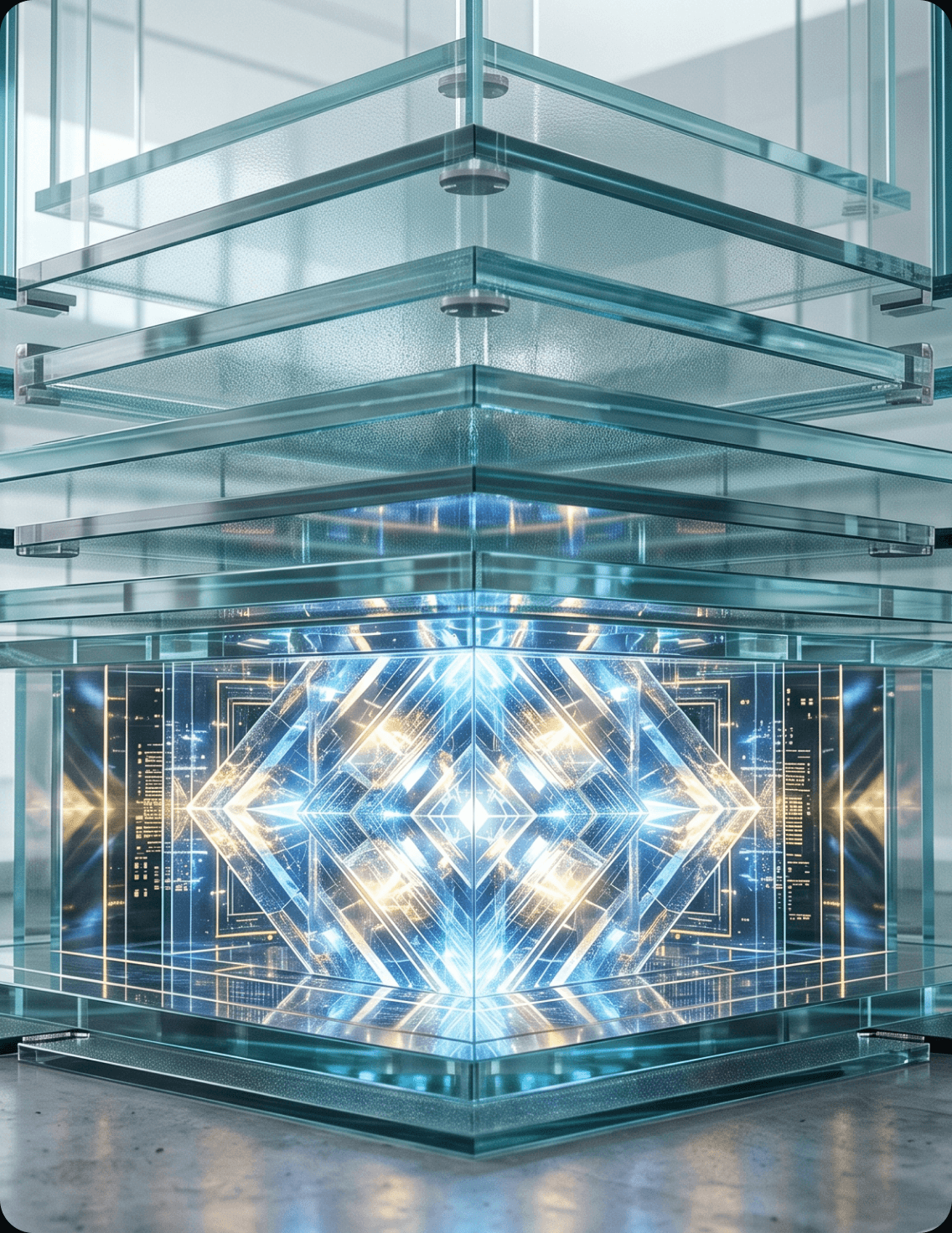 A luminous architectural steel installation reading “Decision Clarity” inside a glass atrium