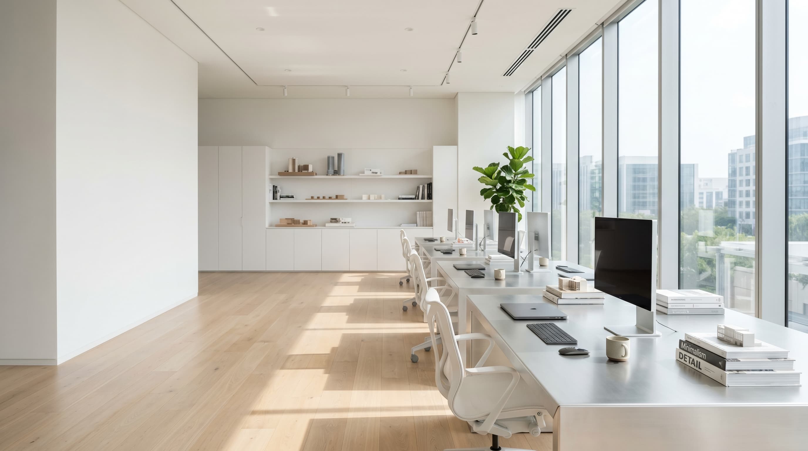 A minimalist studio office lined with desks, monitors and floor-to-ceiling windows