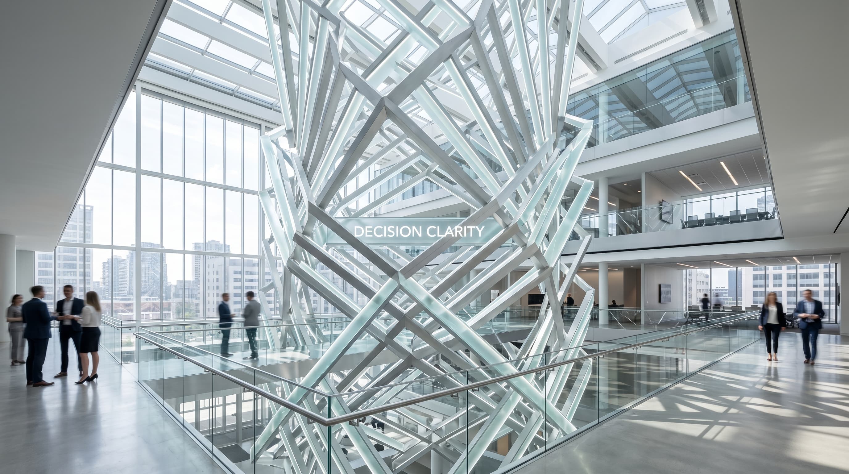 A luminous steel installation reading “Decision Clarity” inside a glass office atrium